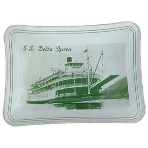 Vintage 1950's S.S. Delta Queen Steamboat Tip Tray Ashtray Green Glass Litho
